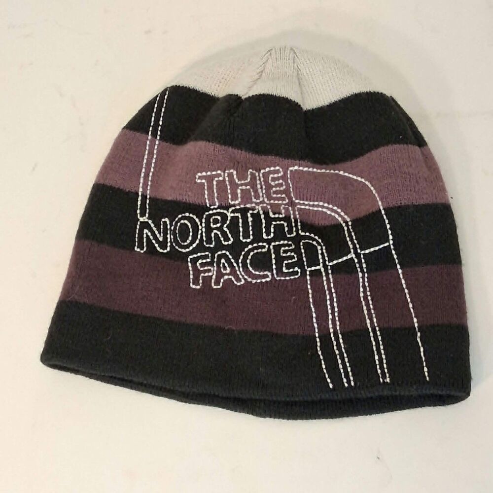 Vintage The North Face Beanie Hat One Size Purple Black Striped Fall 08 Ski Cap